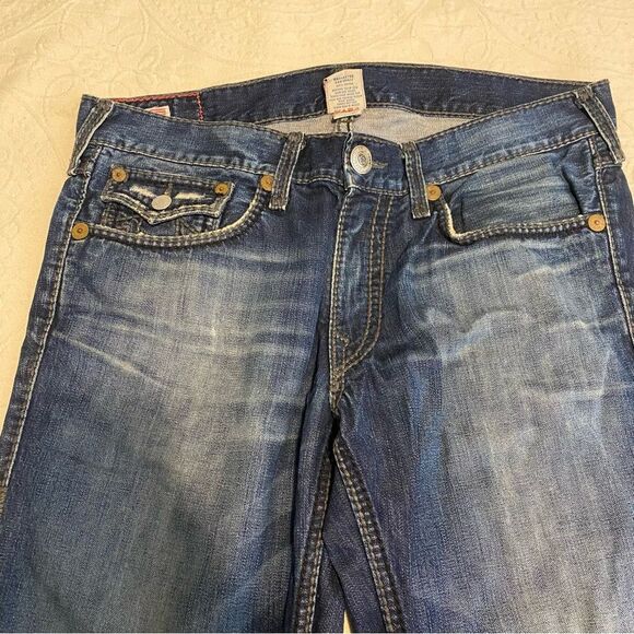Y2K True Religion size 36 Dark Wash 100% Cotton Straight Leg Pocket Flap Jeans - Picture 2 of 15